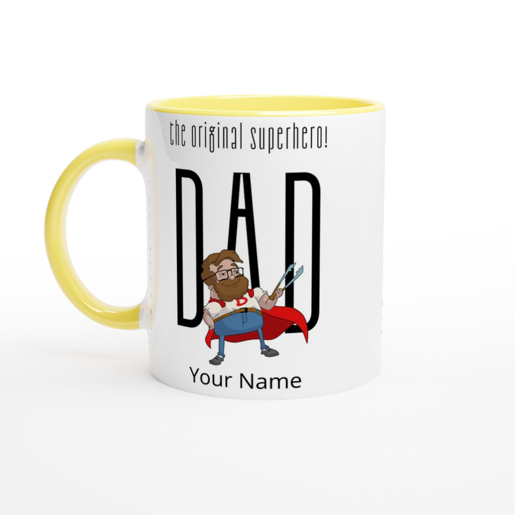 Personalised - Dad, The Original Superhero - White 11oz Ceramic Mug with Colour Inside Ceramic Yellow Personalised 11oz Mug comic Customise Dad Globally Fulfilled Name Personalise