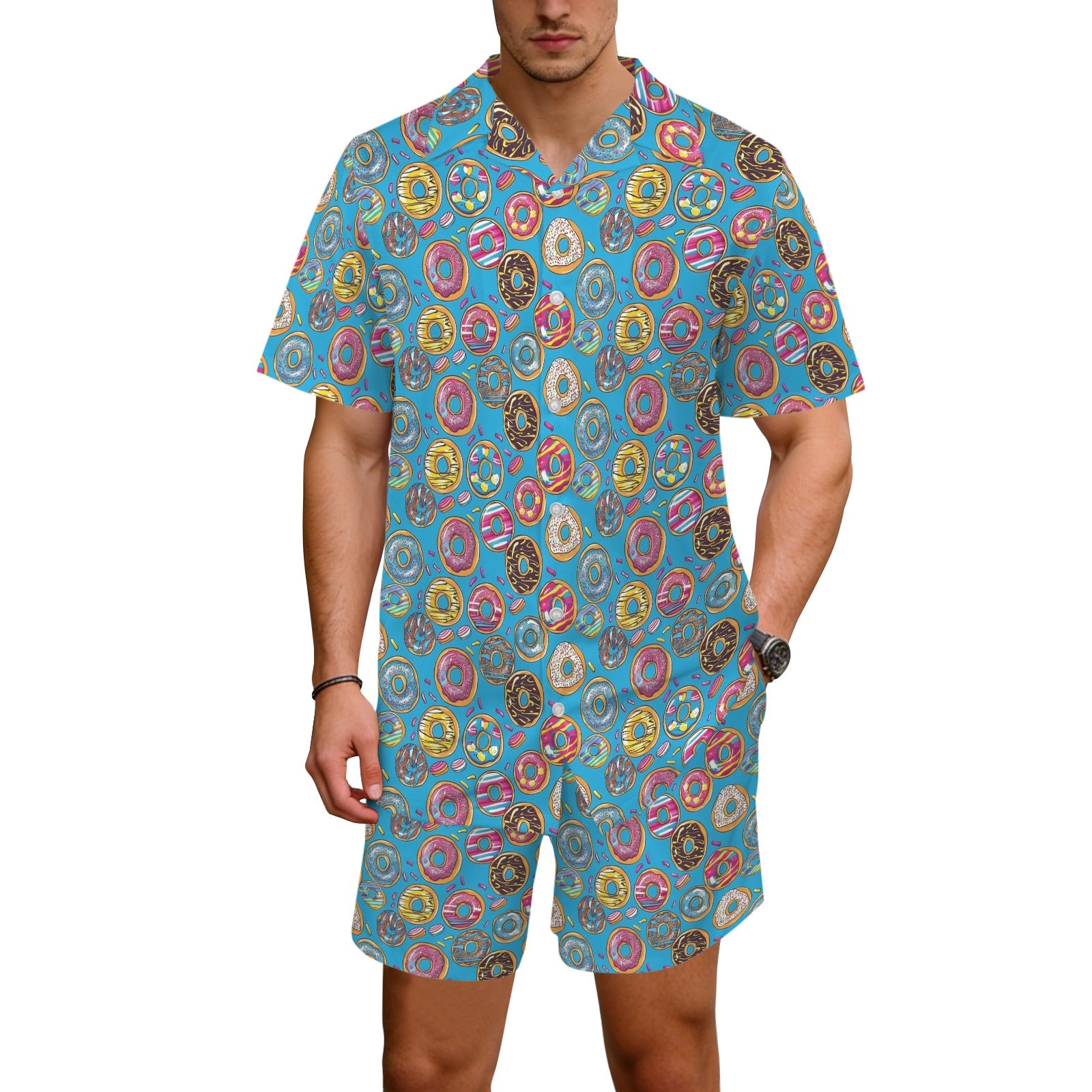 Doughnuts On Blue Men's Hawaiian Shirt & Shorts Set Men's Hawaiian Shirt & Shorts Set Food Printed Offshore