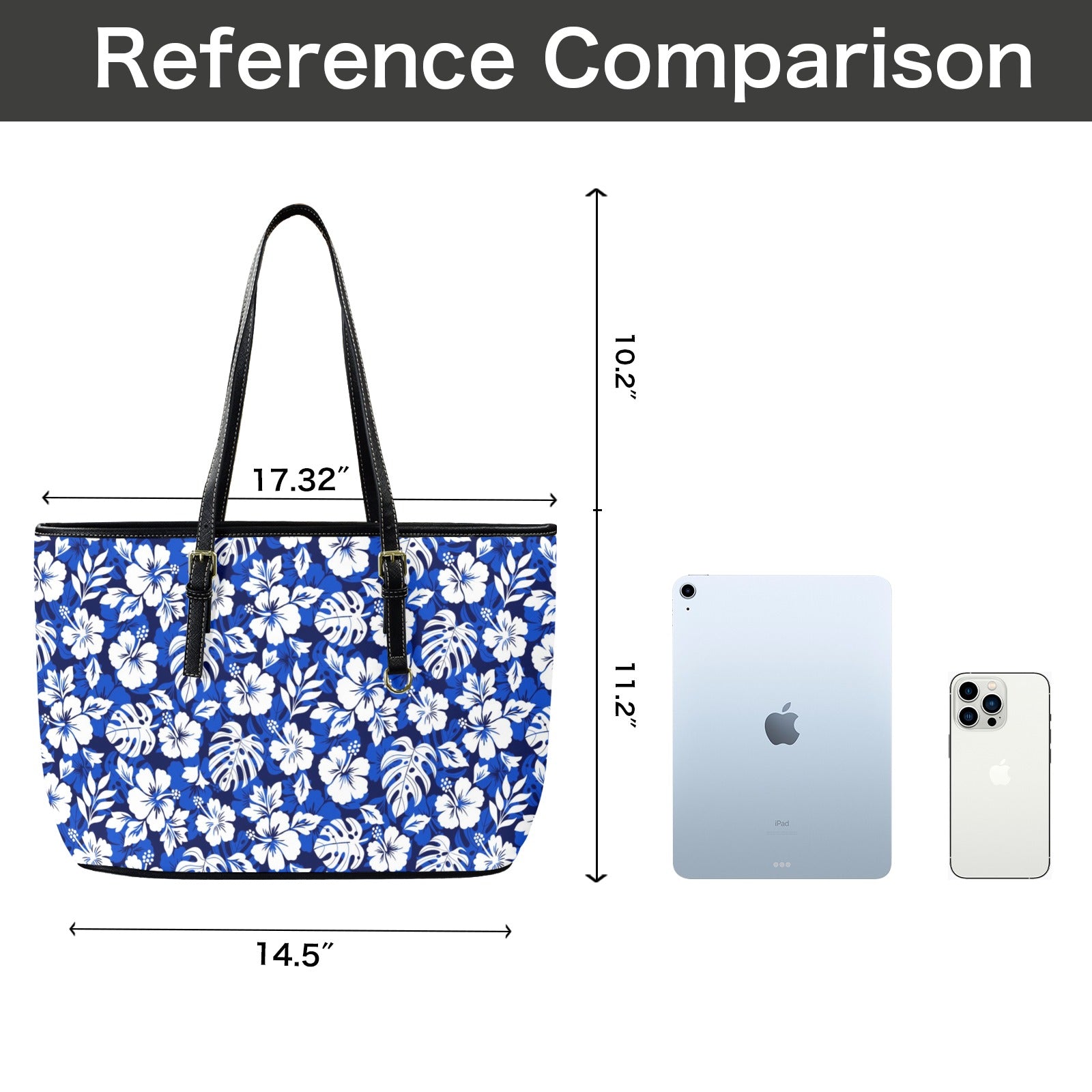Blue Hawaiian Floral - Leather Tote Bag-Large