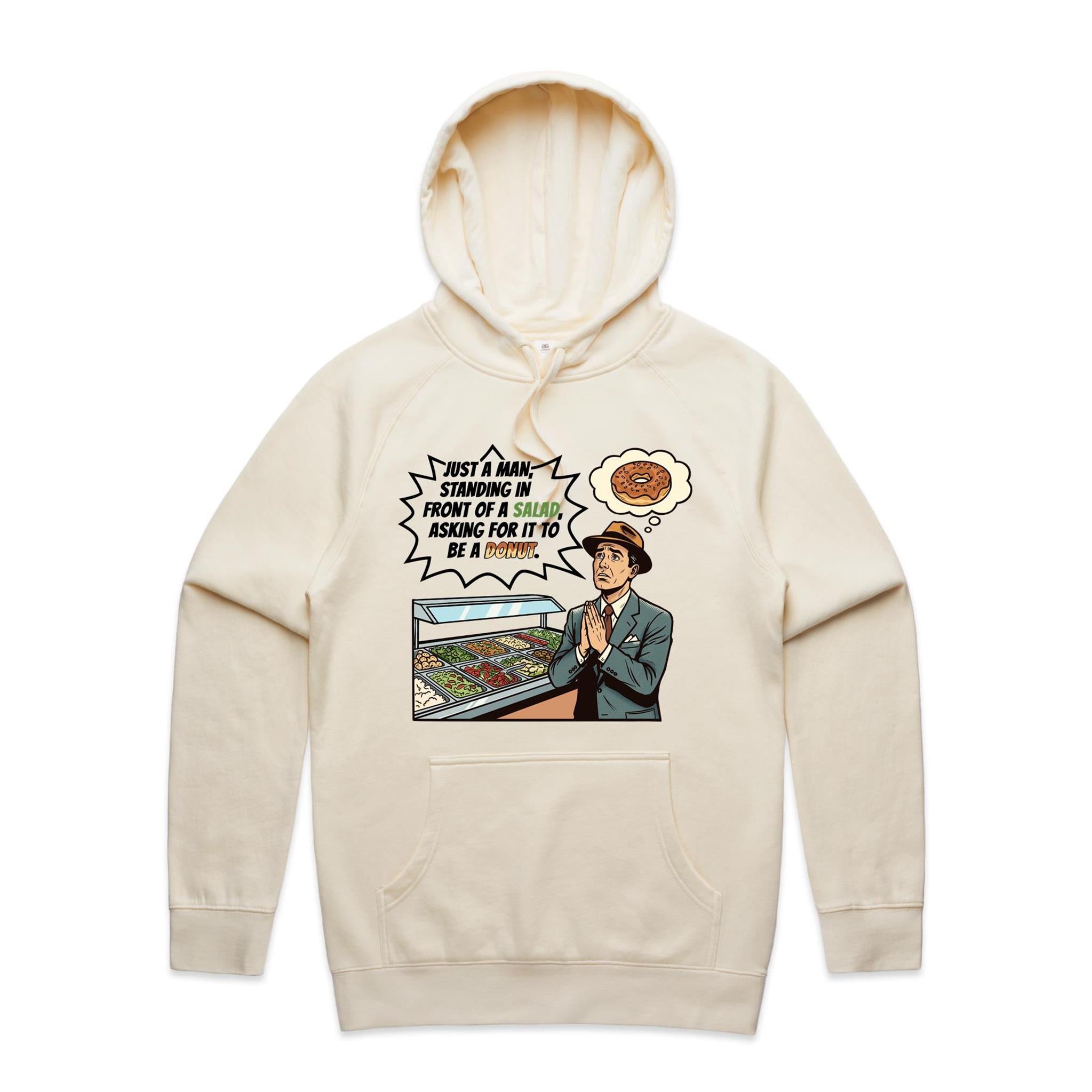Just A Man Standing In Front Of A Salad Men's AS Colour Hoodie Ecru Mens Hoodie Food Printed In Australia
