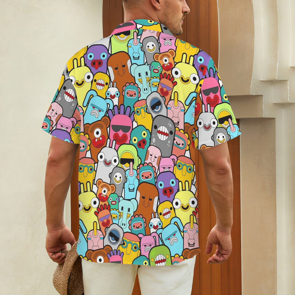 Happy Monsters Men's Short Sleeve Hawaiian Shirt Men's Hawaiian Shirt (New) Printed Offshore Sci Fi