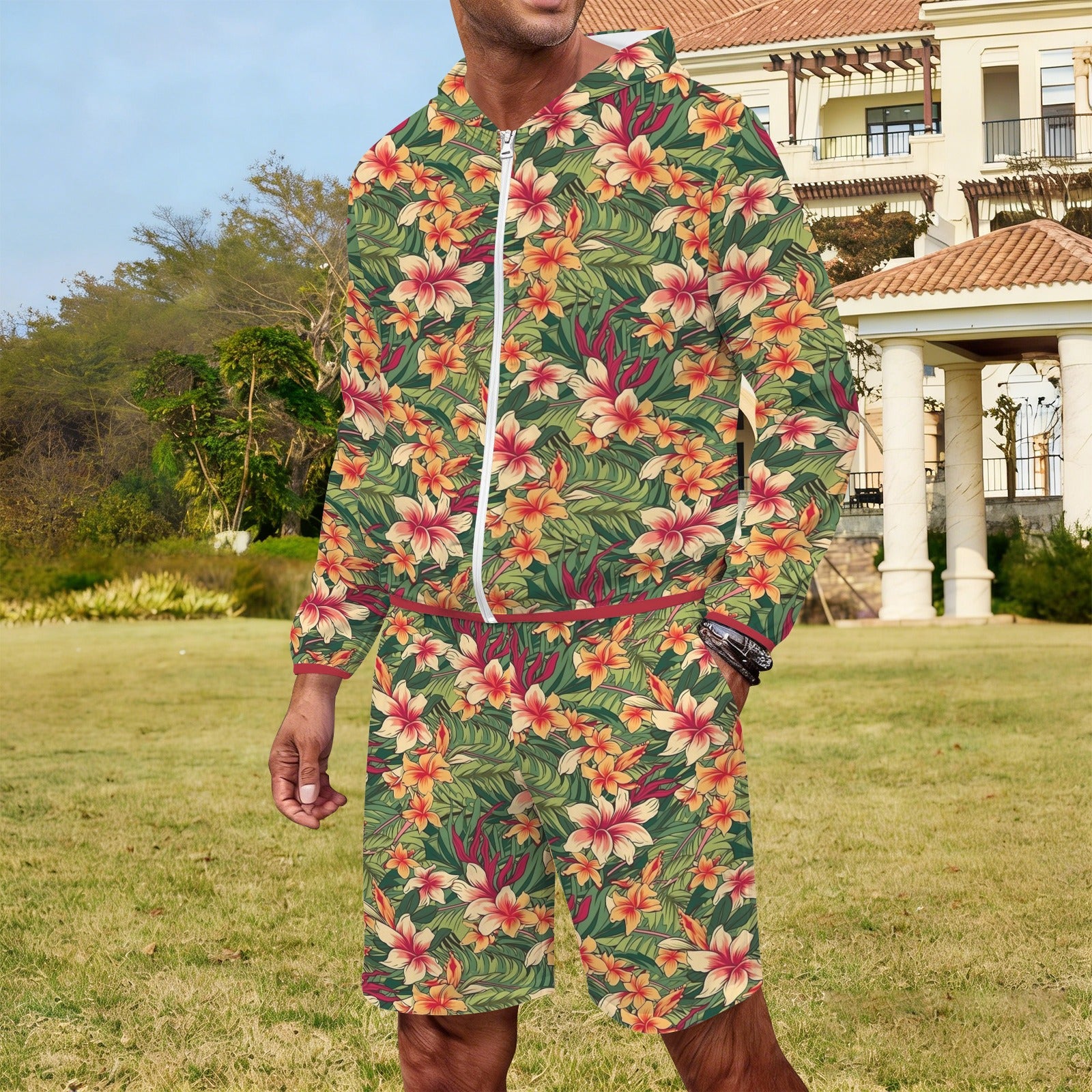 Vintage Hawaiian Floral Men's Lightweight Sun Hoodie & Shorts Set Men's Lightweight Sun Hoodie & Shorts Plants Printed Offshore