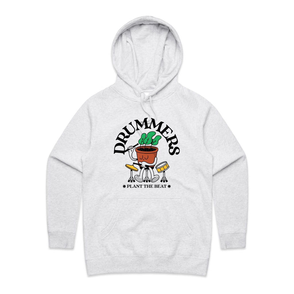 Drummers Plant The Beat - Womens Hoodie White Marle Womens Hoodie Music Printed In Australia