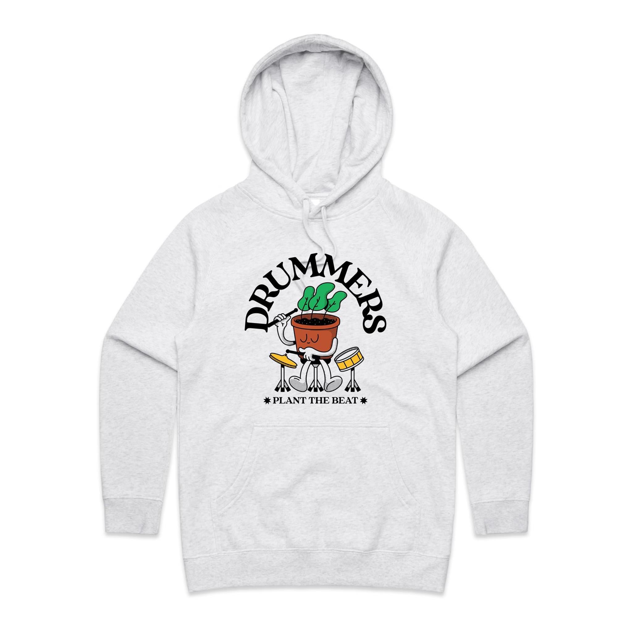 Drummers Plant The Beat - Womens Hoodie White Marle Womens Hoodie Music Printed In Australia