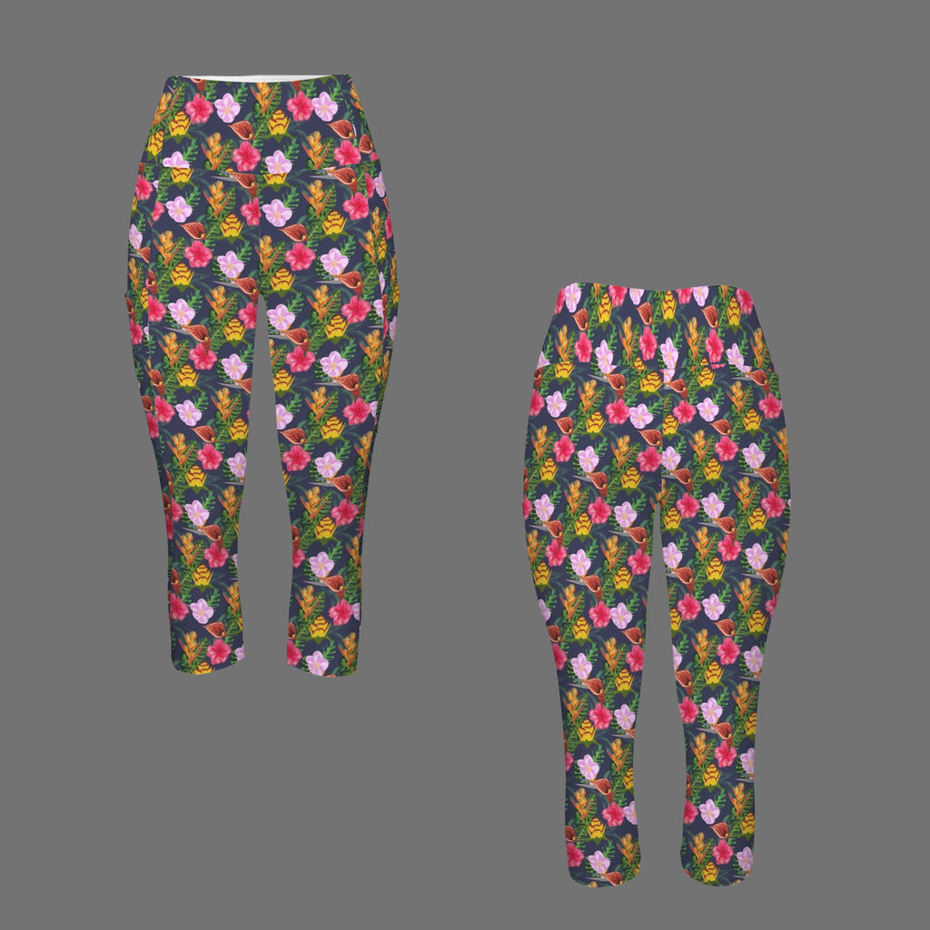 Tropical Floral - Women's High Waist Pocket Capri Yoga Leggings