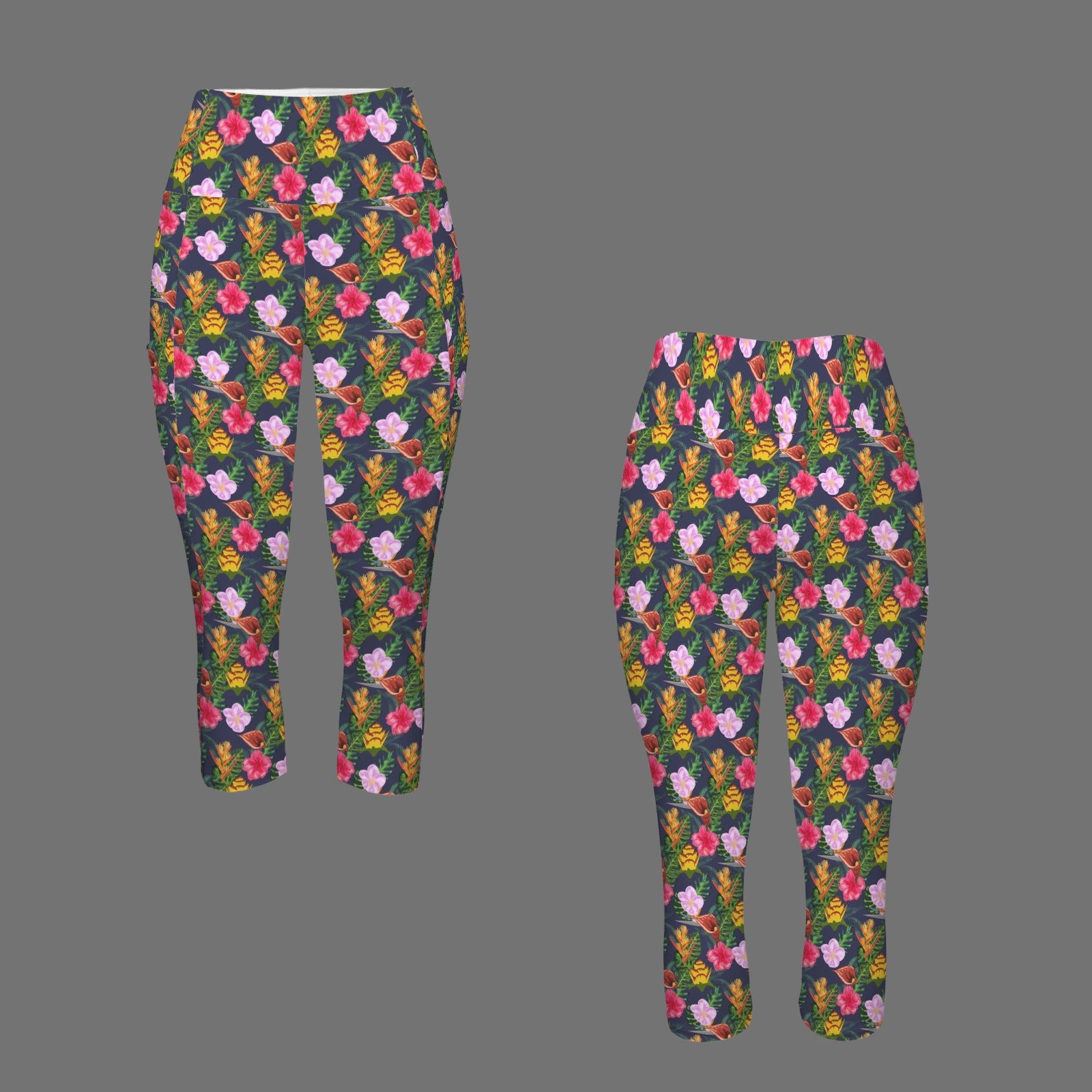 Tropical Floral - Women's High Waist Pocket Capri Yoga Leggings