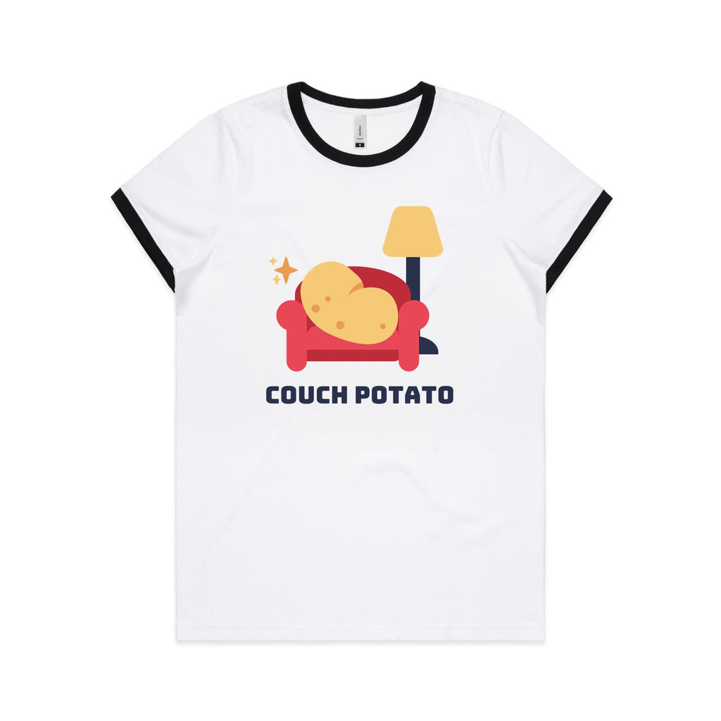 Couch Potato - Women's Ringer Tee White Black Womens Ringer T-shirt Printed In Australia