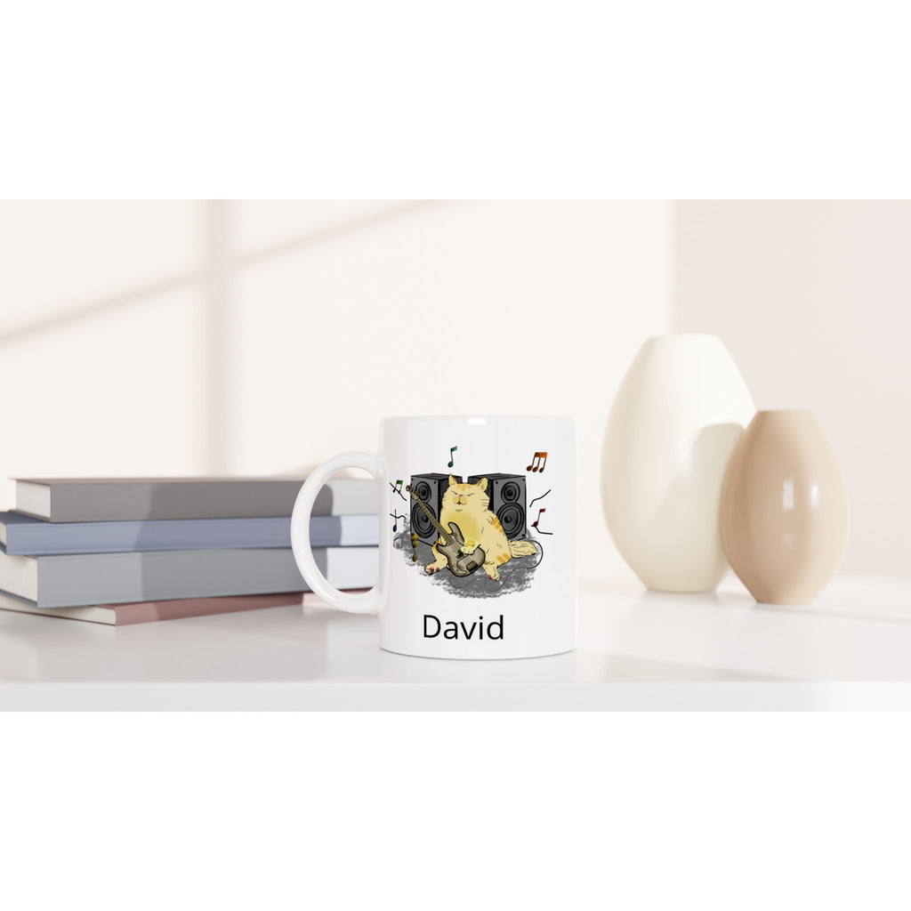 Personalise - Cat Bass Player - White 11oz Ceramic Mug Personalised 11oz Mug animal customise Globally Fulfilled Music personalise