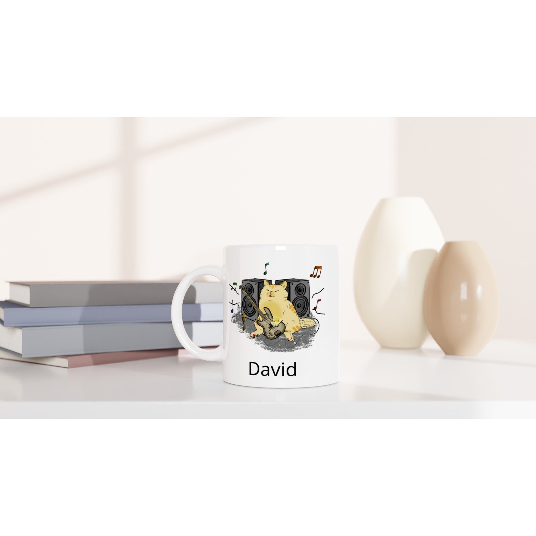 Personalise - Cat Bass Player - White 11oz Ceramic Mug Personalised 11oz Mug animal customise Globally Fulfilled Music personalise
