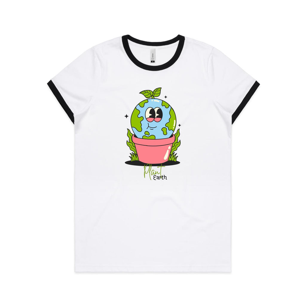 Plant Earth - Women's Ringer Tee White Black Womens Ringer T-shirt Environment Plants Printed In Australia
