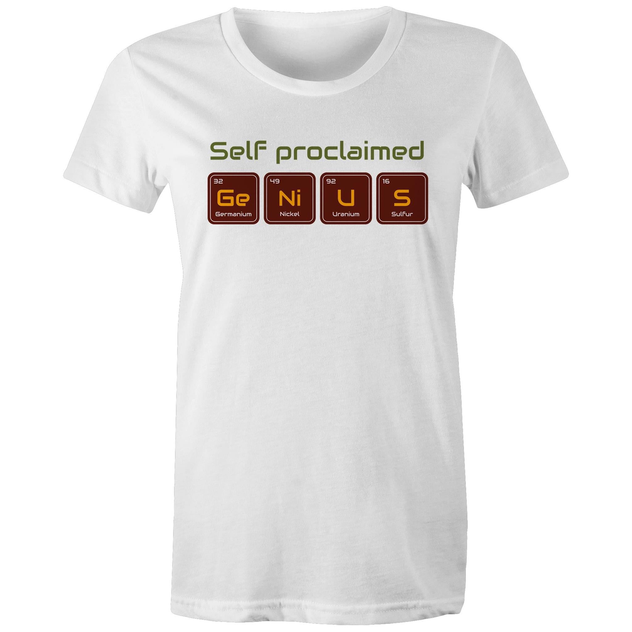 Self Proclaimed Genius, Periodic Table - Womens T-shirt White Womens T-shirt Printed In Australia Science