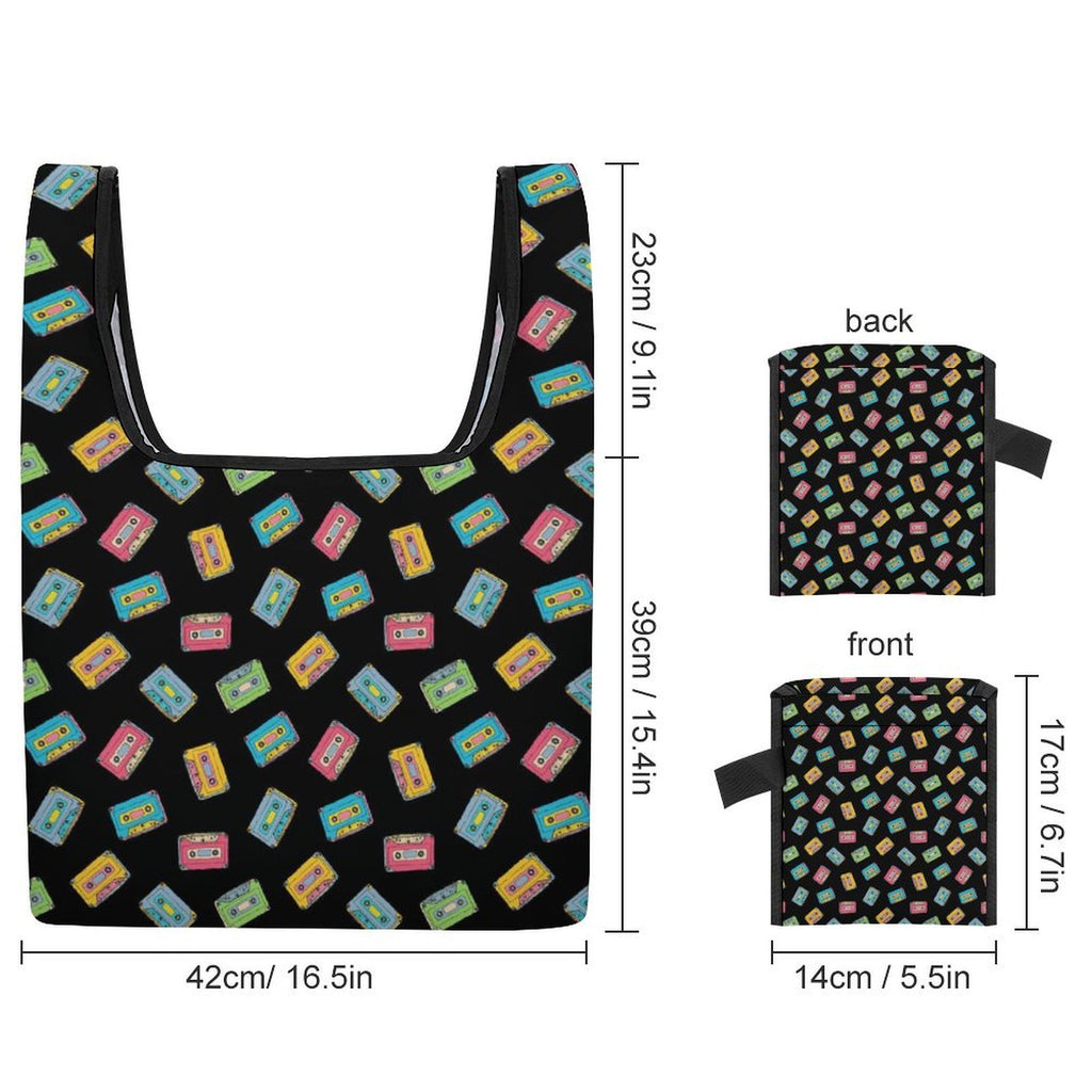 Colourful Cassette Tapes On Black Foldable Shopping Bag