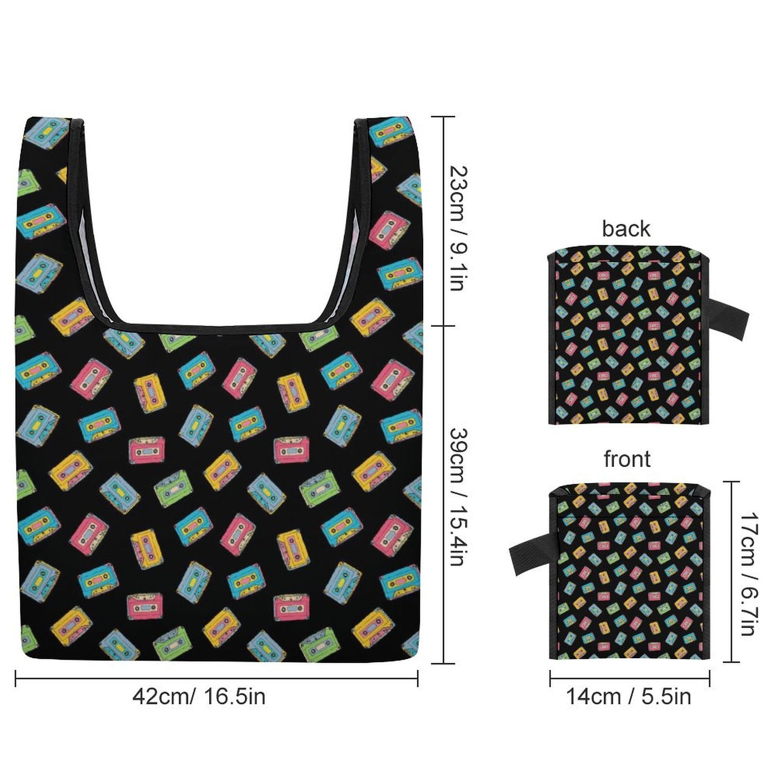 Colourful Cassette Tapes On Black Foldable Shopping Bag