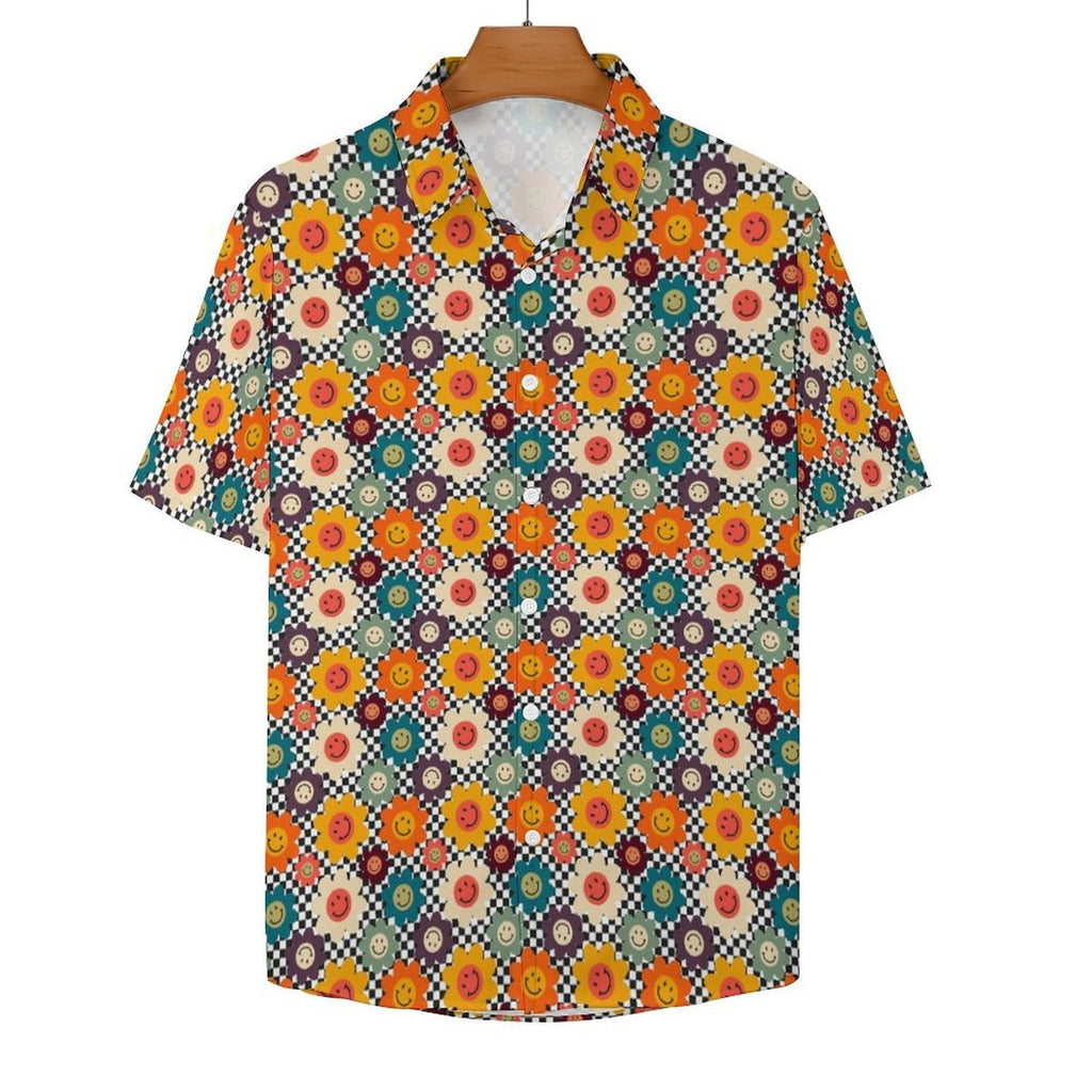 Happy Retro Flowers Women's Collared Pocketless Short Sleeve Shirt