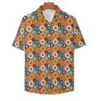 Happy Retro Flowers Women's Collared Pocketless Short Sleeve Shirt