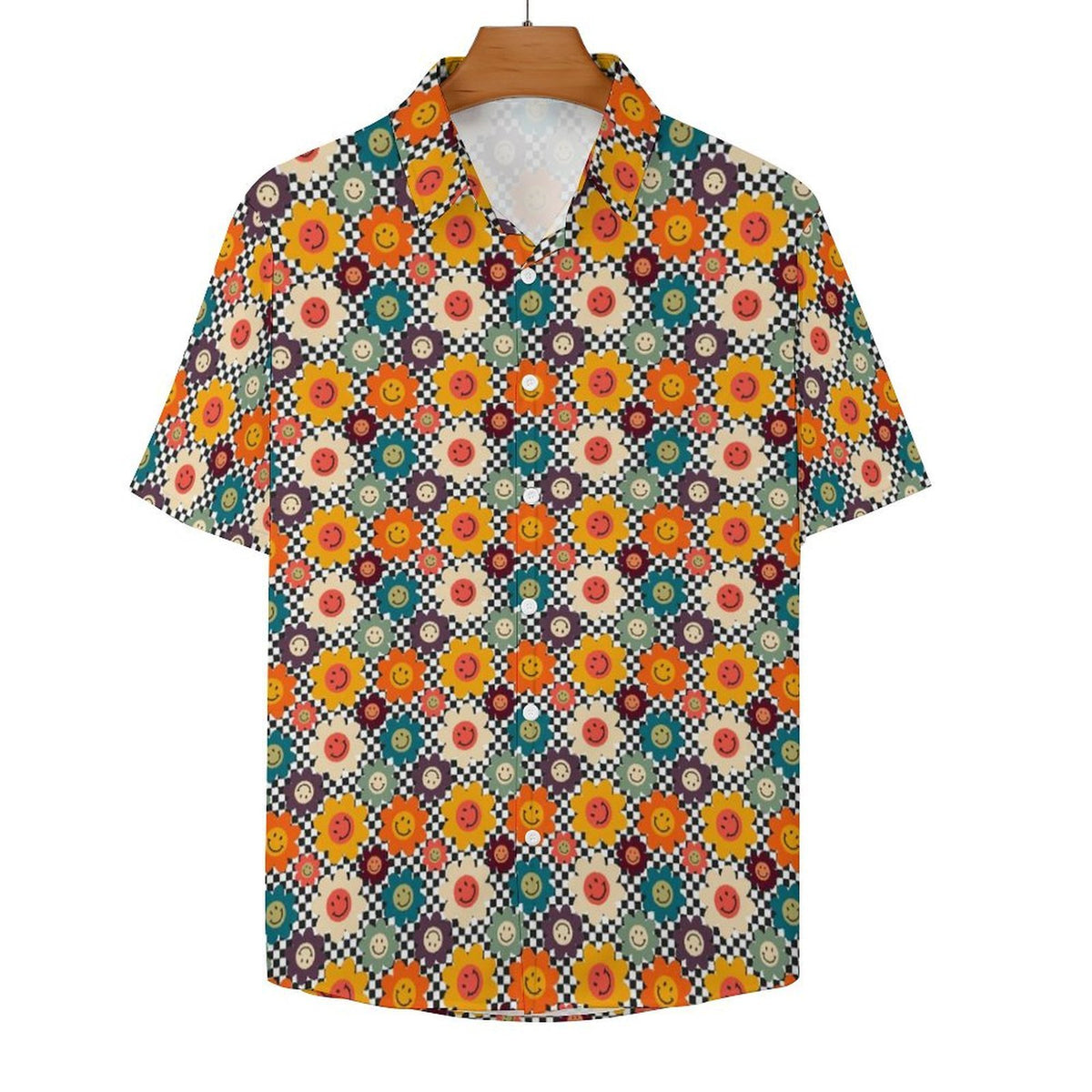 Happy Retro Flowers Women's Collared Pocketless Short Sleeve Shirt