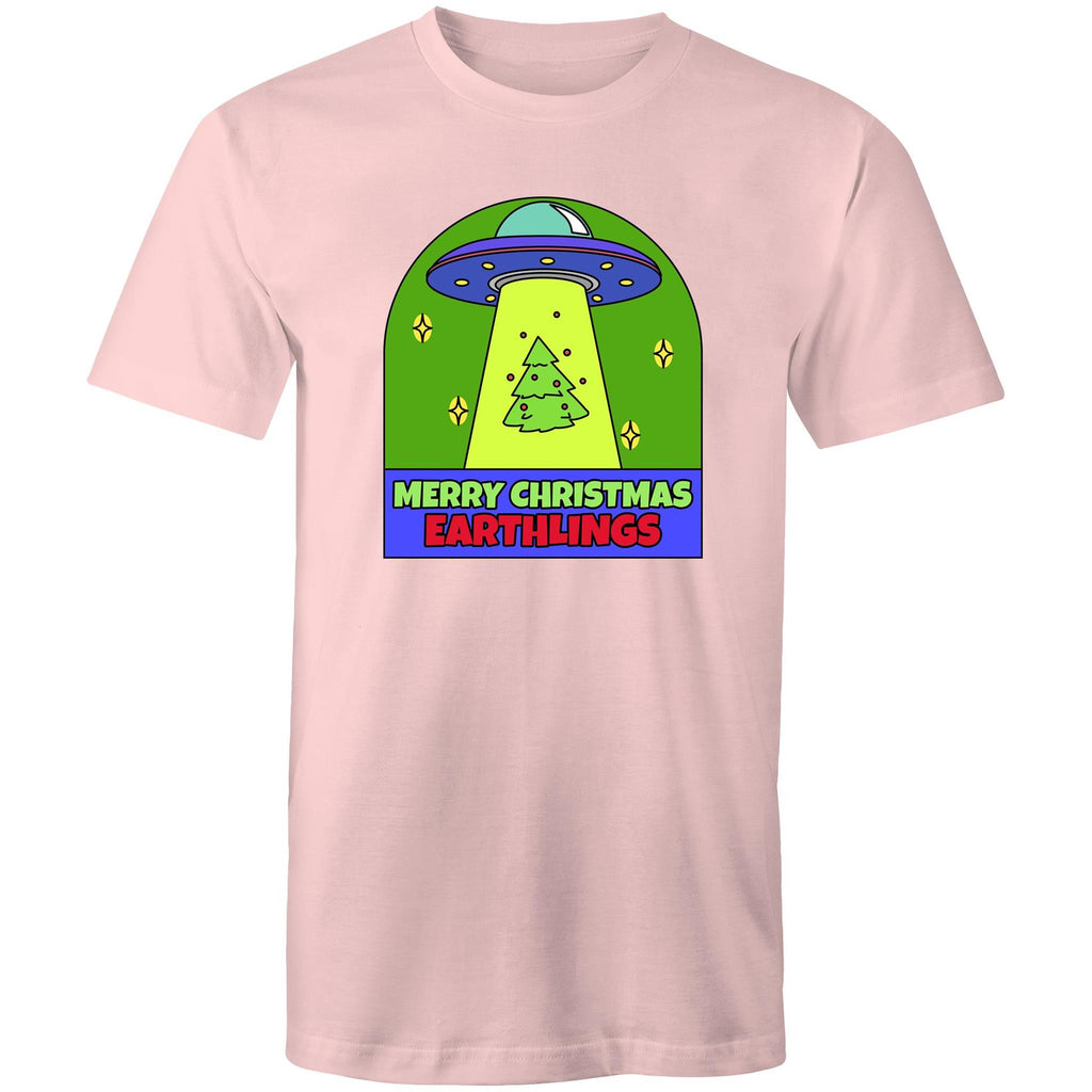 Merry Christmas Earthlings, UFO - Mens T-Shirt Pink Mens Christmas T-shirt Christmas Printed In Australia