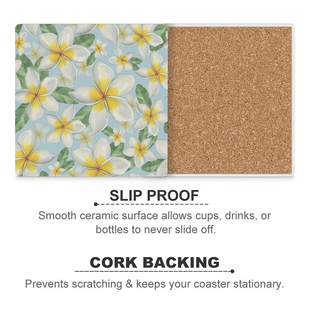 Delicate Frangipani Ceramic Coasters (Square) Ceramic Coasters Plants Printed Offshore