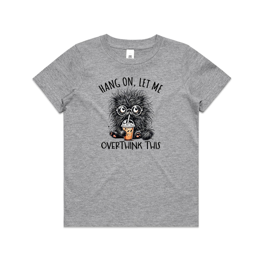 Frazzled Cat, Hang On Let Me Overthink This Kid's AS Colour T-shirt Grey Marle Kids Youth T-shirt animal Printed In Australia