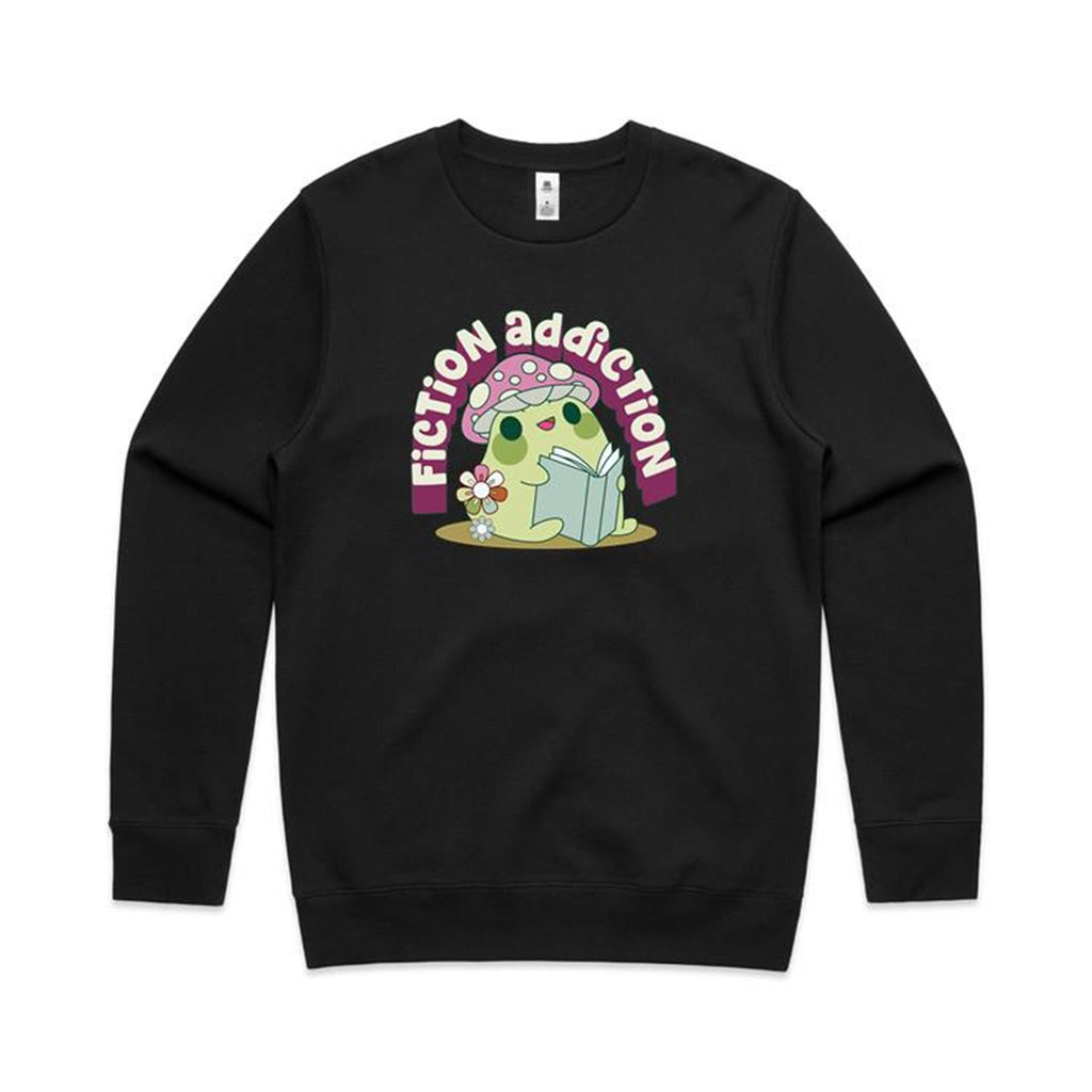 Fiction Addiction - AS Colour Stencil Crew Black Sweatshirt Printed In Australia Reading