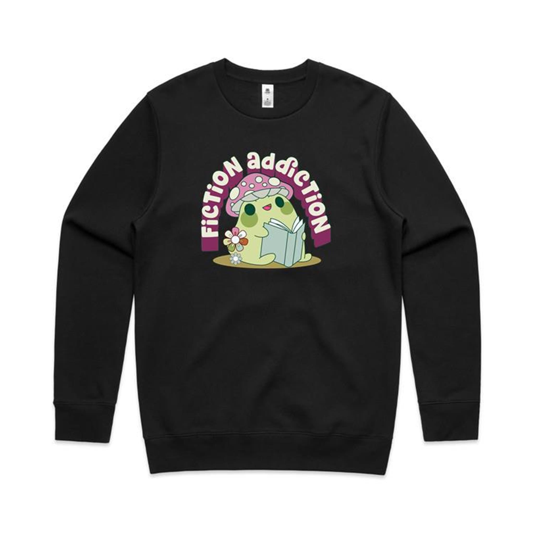 Fiction Addiction - AS Colour Stencil Crew Black Sweatshirt Printed In Australia Reading