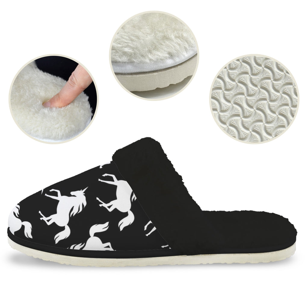 Black And White Unicorn Men's Fur Trim Thick-Sole Indoor Slippers Men's Fur Trimmed Slippers animal Printed Offshore