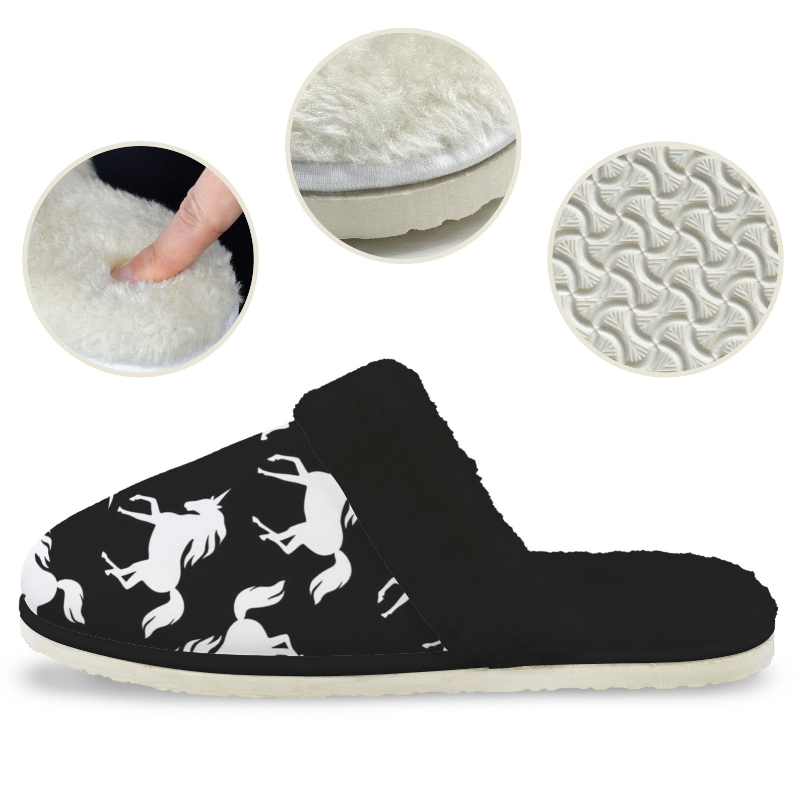 Black And White Unicorn Men's Fur Trim Thick-Sole Indoor Slippers Men's Fur Trimmed Slippers animal Printed Offshore