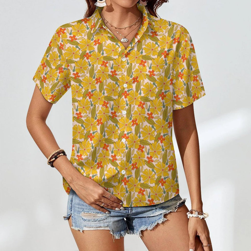 Trippy Floral Women's Collared Pocketless Short Sleeve Shirt