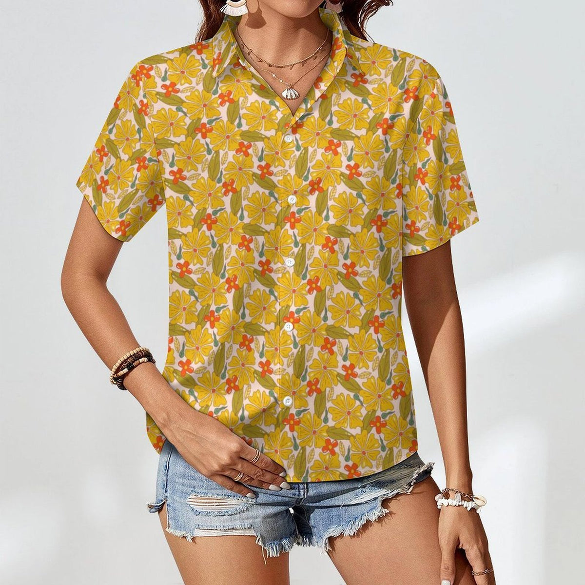 Trippy Floral Women's Collared Pocketless Short Sleeve Shirt