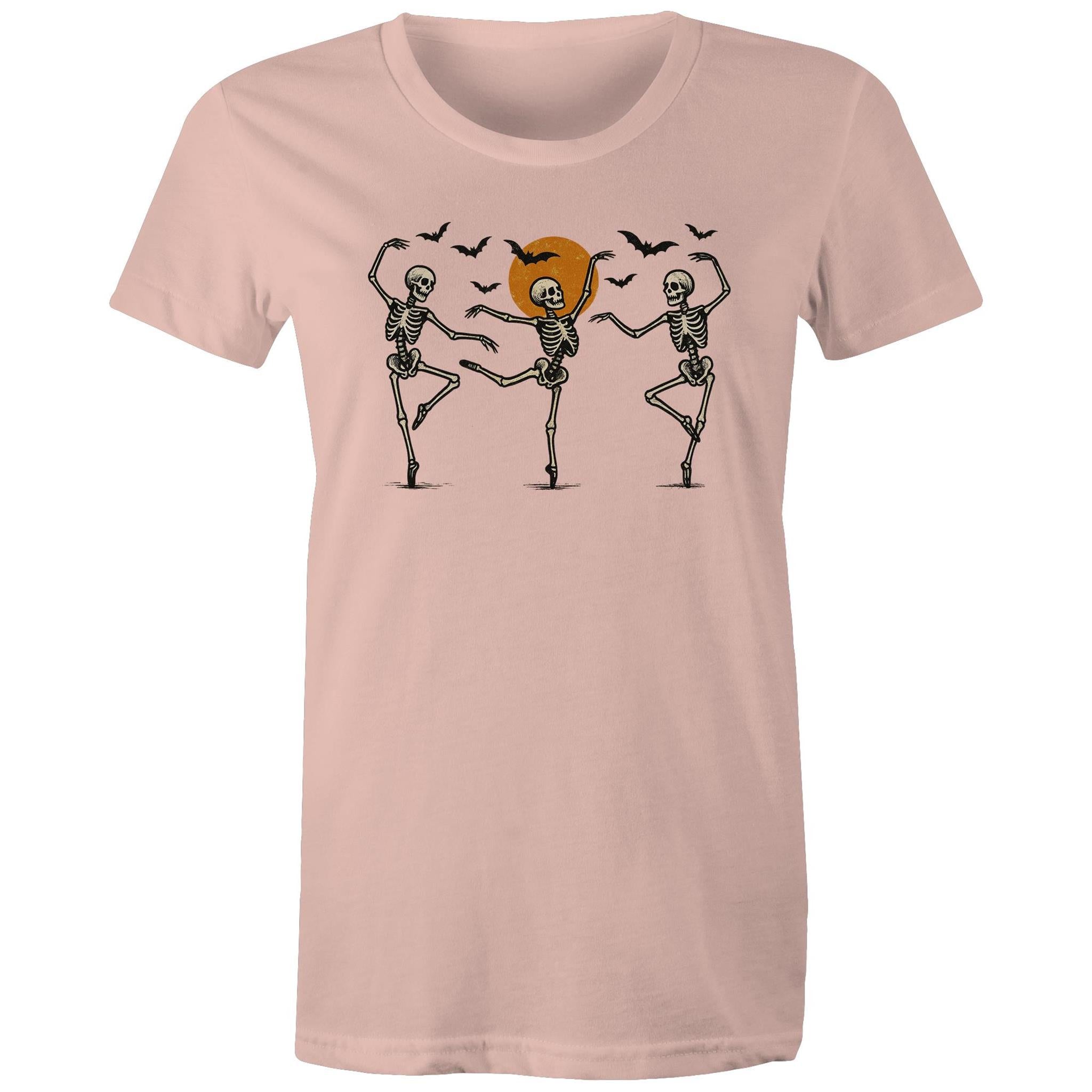 Skeleton Dance, Halloween - Womens T-shirt Pale Pink Womens T-shirt Halloween Printed In Australia