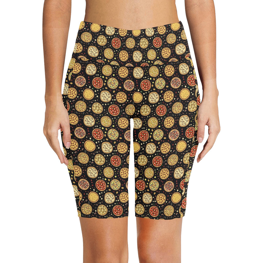 Round Pizzas On Black Women's Bike Shorts With Side Pockets