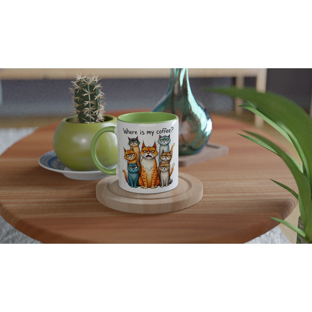 Where Is My Coffee, Cranky Cats - White 11oz Ceramic Mug with Colour Inside Colour 11oz Mug animal Coffee Globally Fulfilled