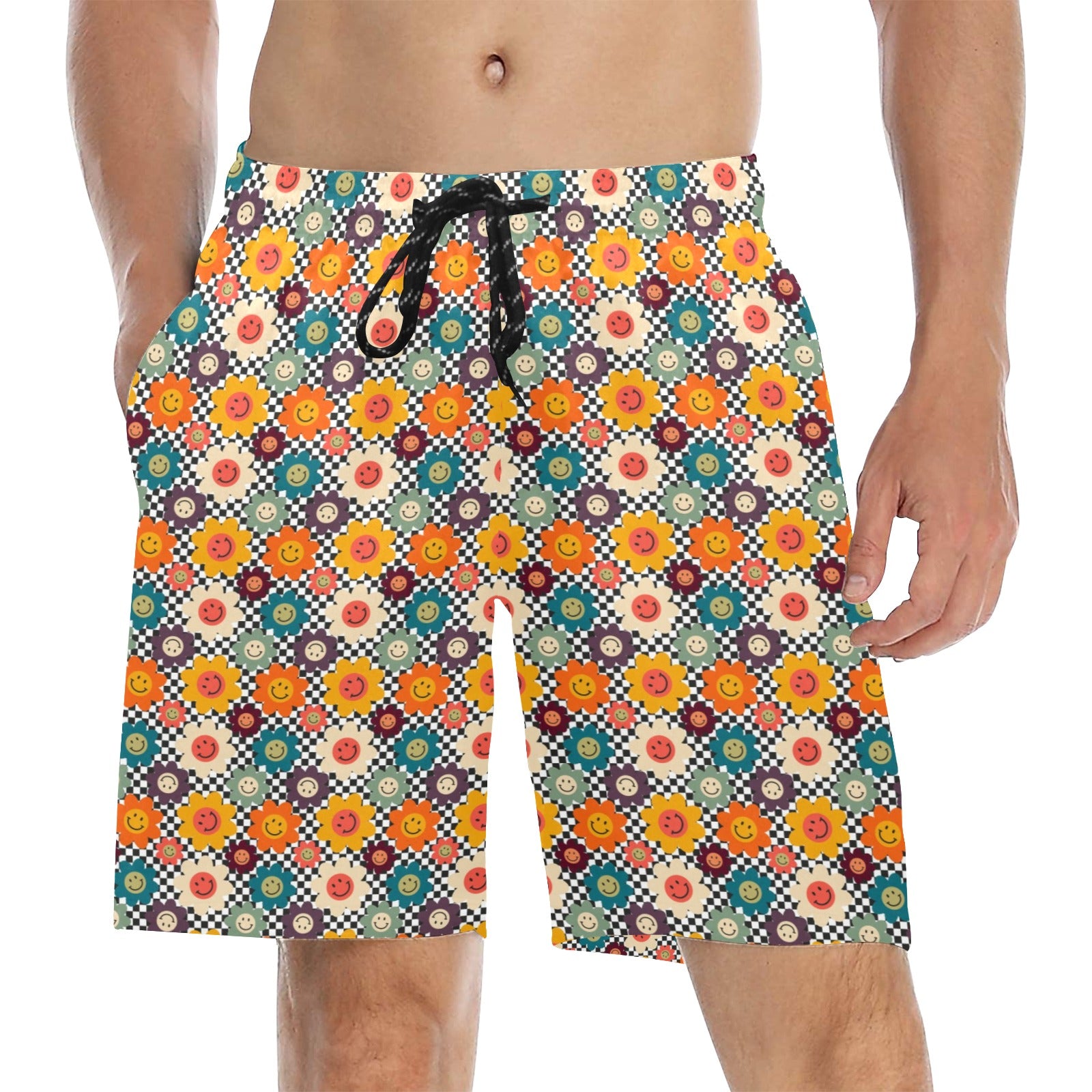 Happy Retro Flowers - Men's Mid-Length Beach Shorts 5XL Men's Mid-Length Beach Shorts Printed Offshore Retro
