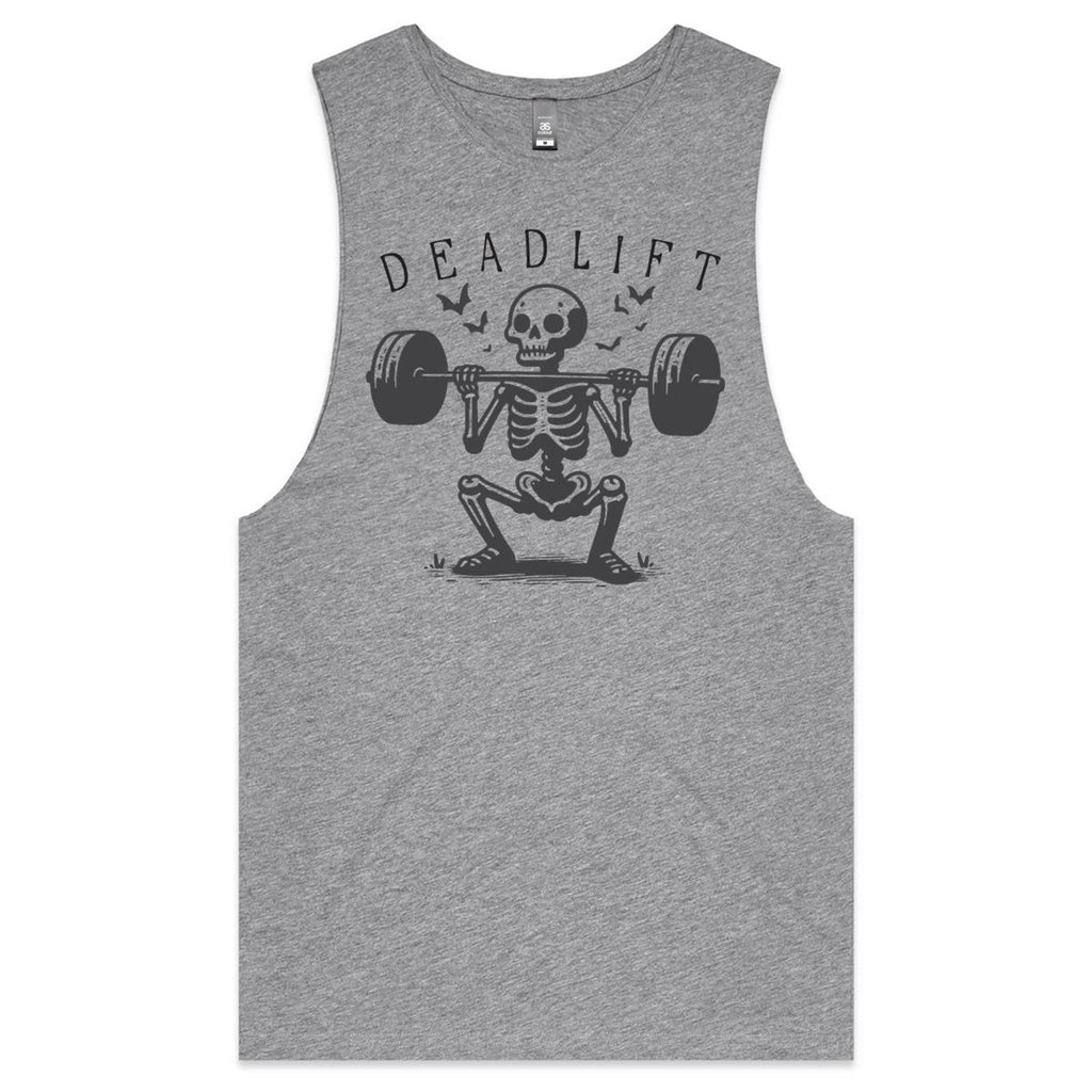 Deadlift, Skeleton Lifting Weights - Tank Top Tee Grey Marle Drop Arm Tank Top Fitness Printed In Australia