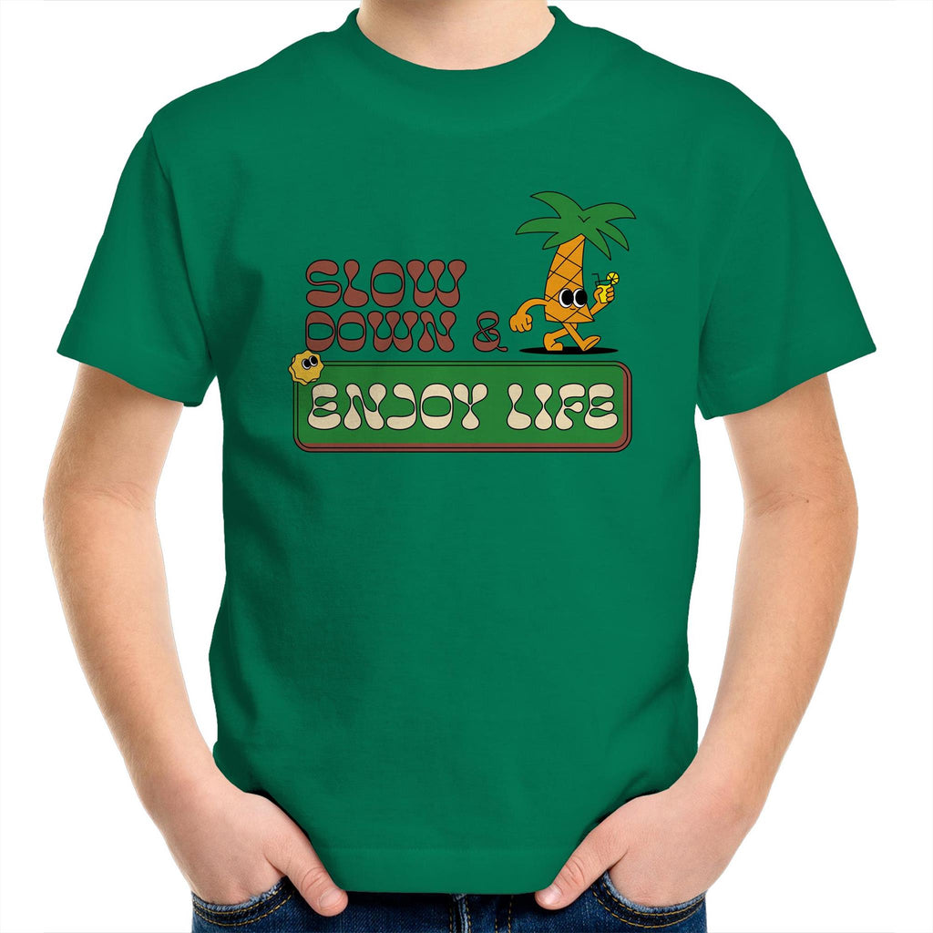 Slow Down And Enjoy Life - Kids Youth T-Shirt Kelly Green Kids Youth T-shirt Printed In Australia Retro