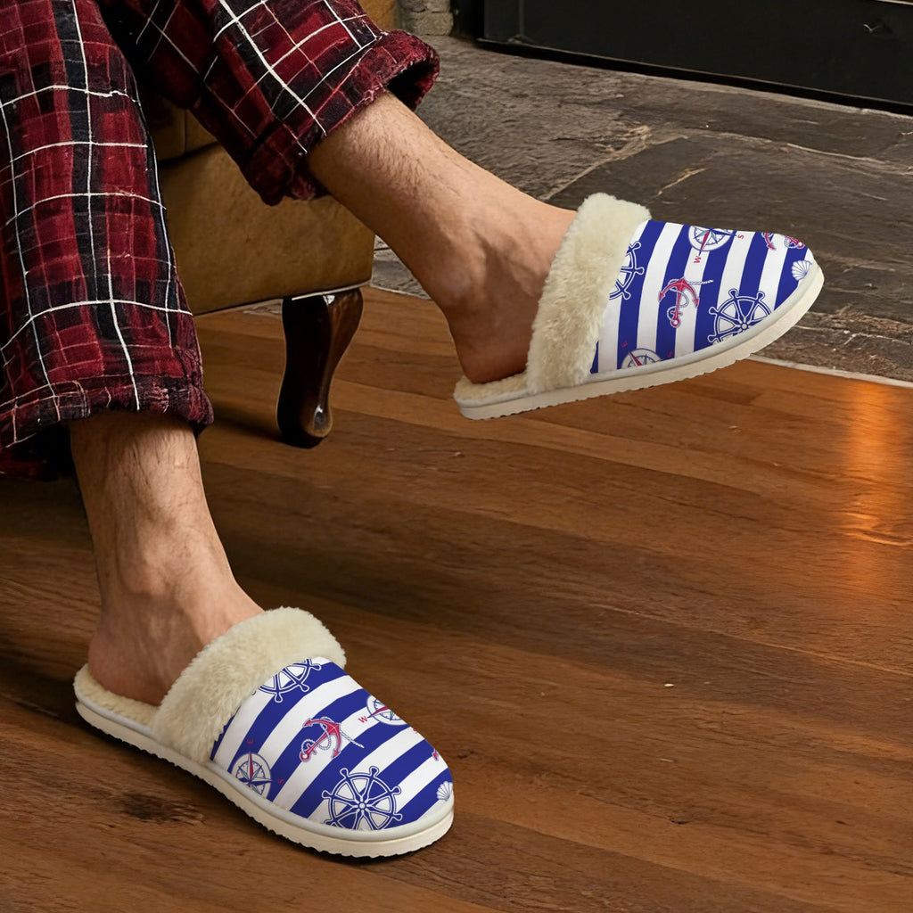 Anchors Away Men's Fur Trim Thick-Sole Indoor Slippers Men's Fur Trimmed Slippers Ocean Printed Offshore