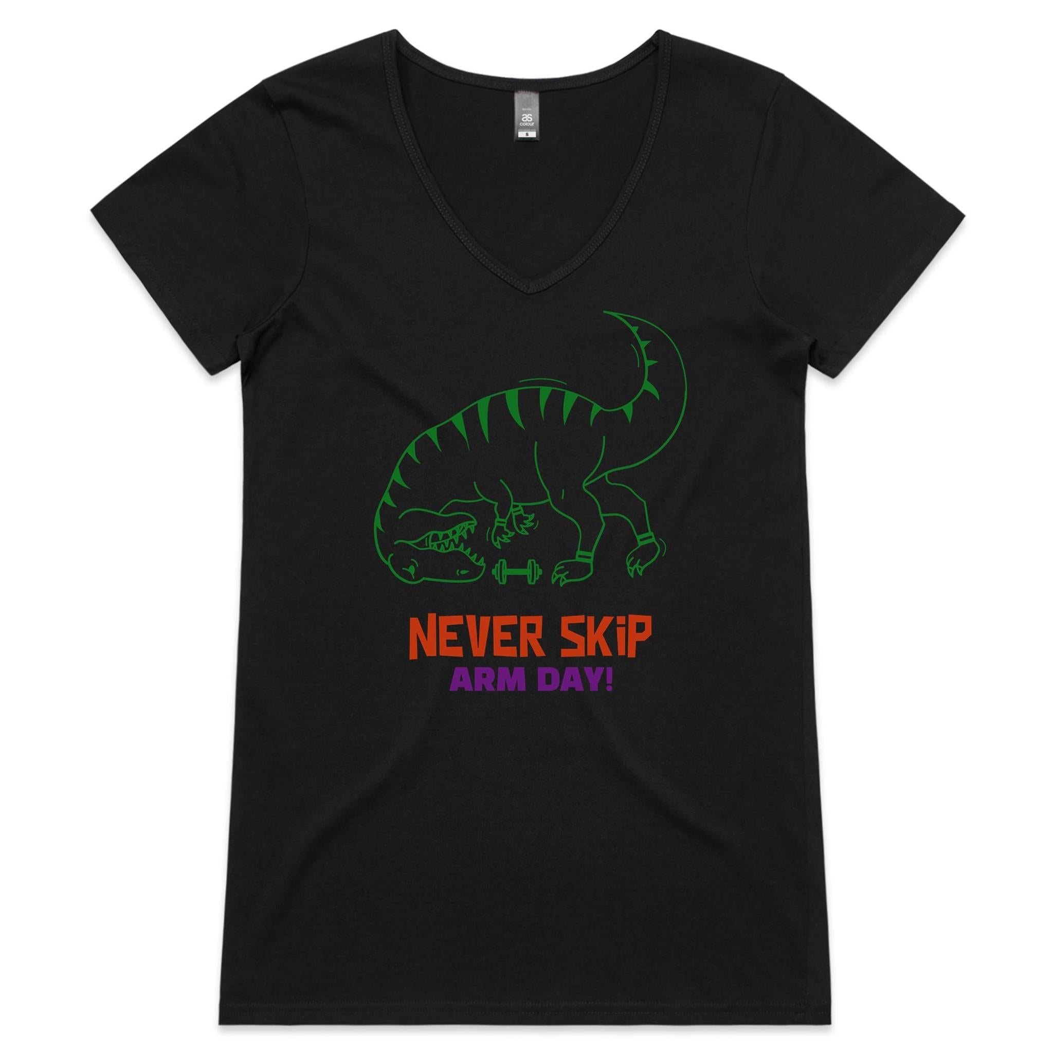 Never Skip Arm Day, T-Rex - Womens V-Neck T-Shirt Black Womens Active V-Neck T-shirt Fitness Printed In Australia