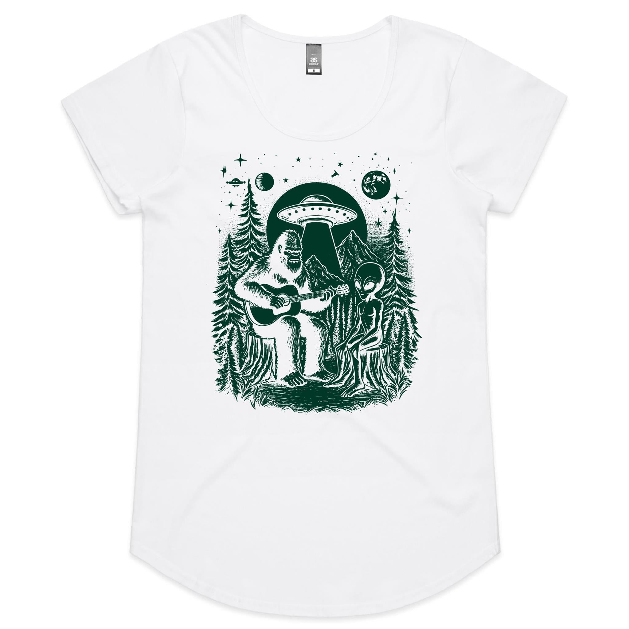 Alien And Bigfoot Playing Guitar - Womens Scoop Neck T-Shirt White