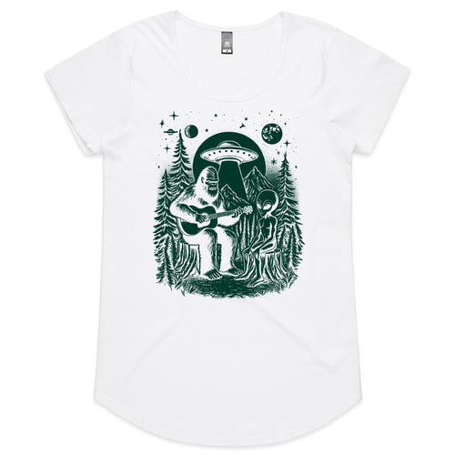 Alien And Bigfoot Playing Guitar - Womens Scoop Neck T-Shirt White