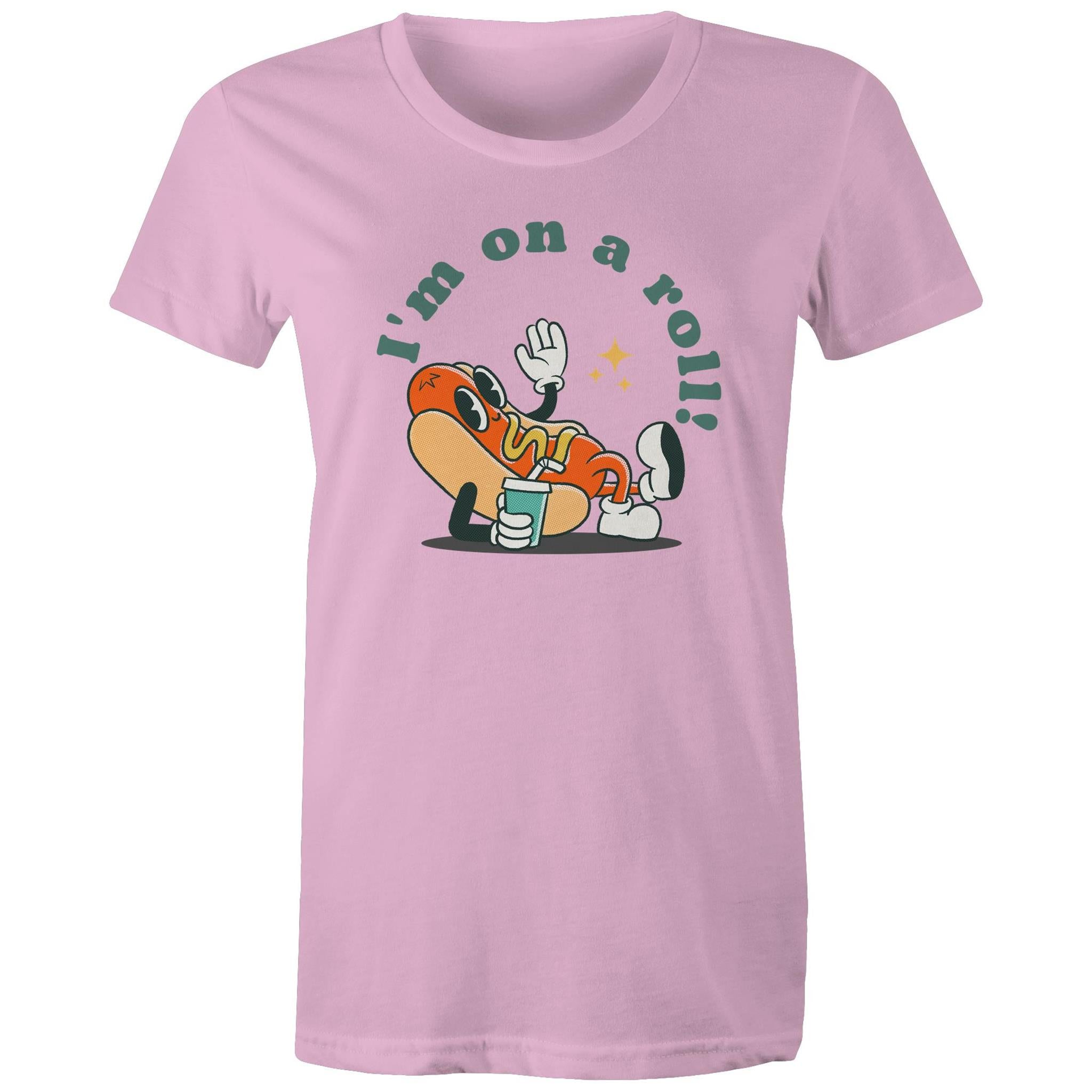 Hotdog, I'm On A Roll - Womens T-shirt Pink Womens T-shirt Food Printed In Australia