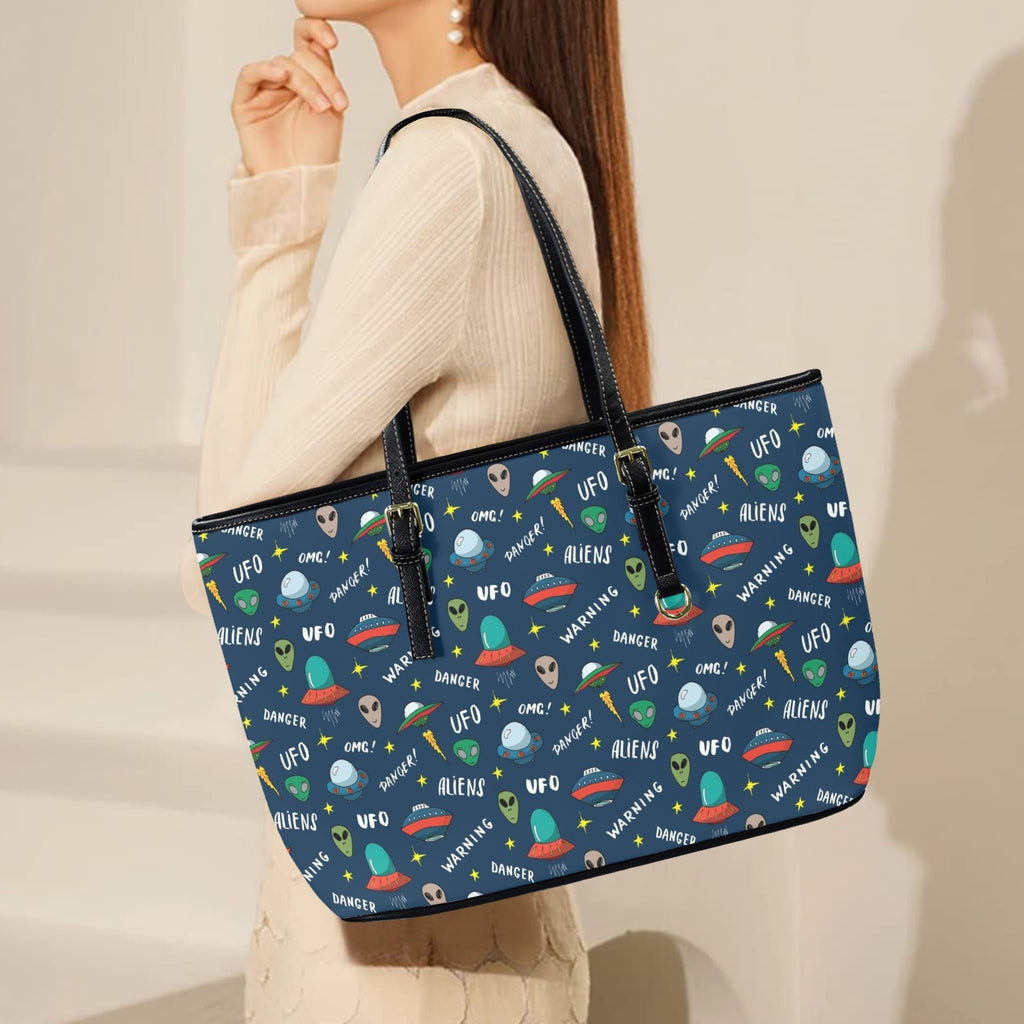 UFO's And Aliens PU Leather Tote Bag Large Leather Tote Bag-Large Printed Offshore Sci Fi