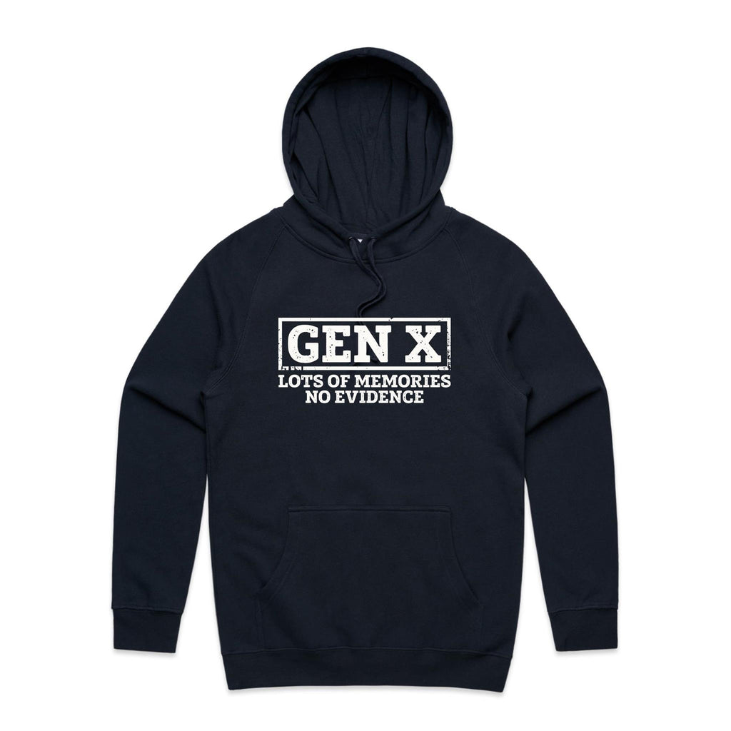 Gen X, Lots Of Memories, No Evidence Men's AS Colour Hoodie Navy Mens Hoodie Printed In Australia