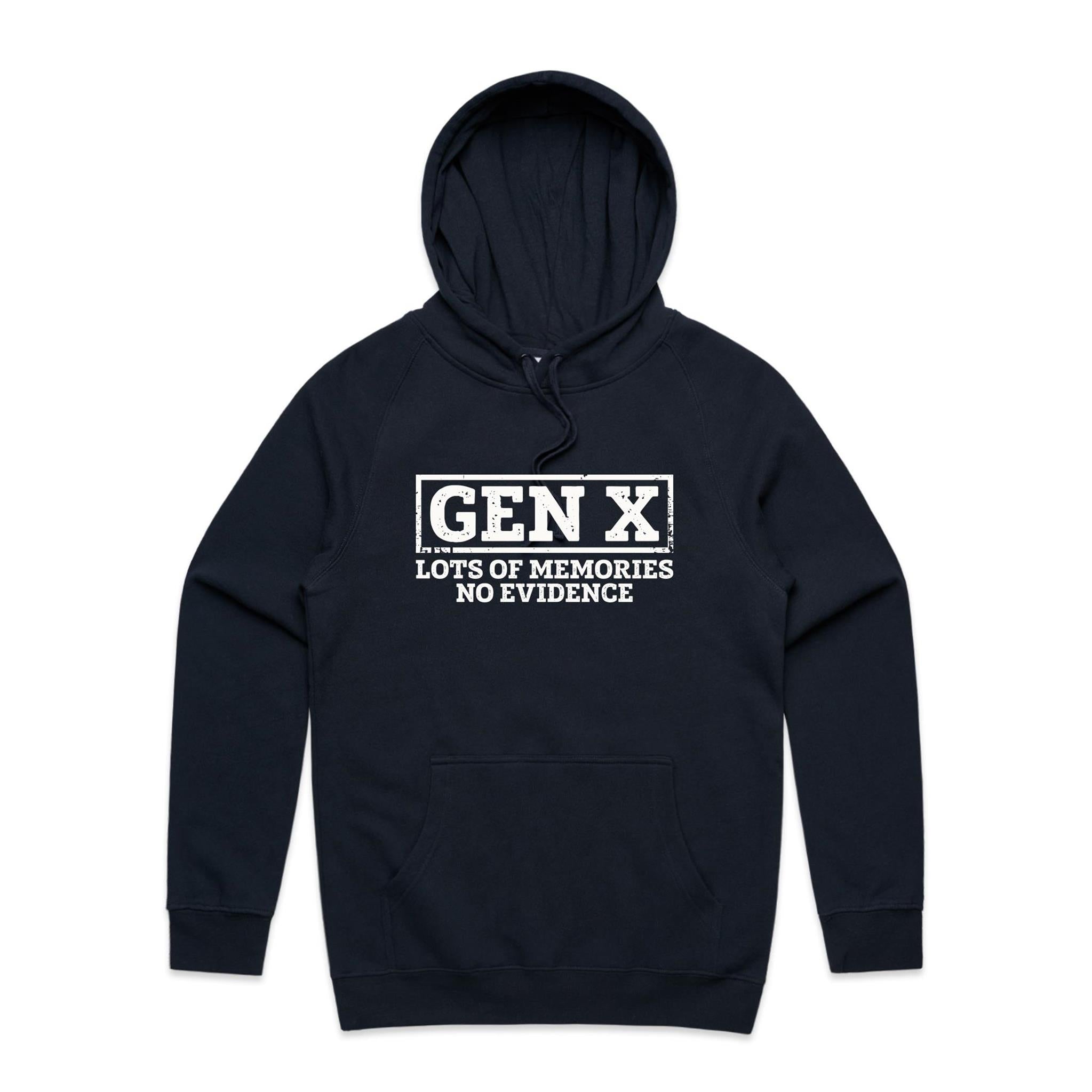 Gen X, Lots Of Memories, No Evidence Men's AS Colour Hoodie Navy Mens Hoodie Printed In Australia