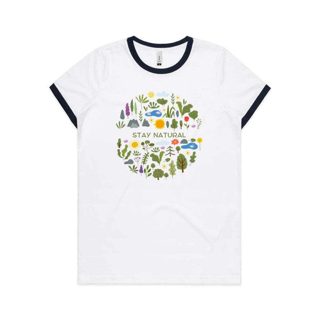 Stay Natural - Women's Ringer Tee White Navy Womens Ringer T-shirt Plants Printed In Australia