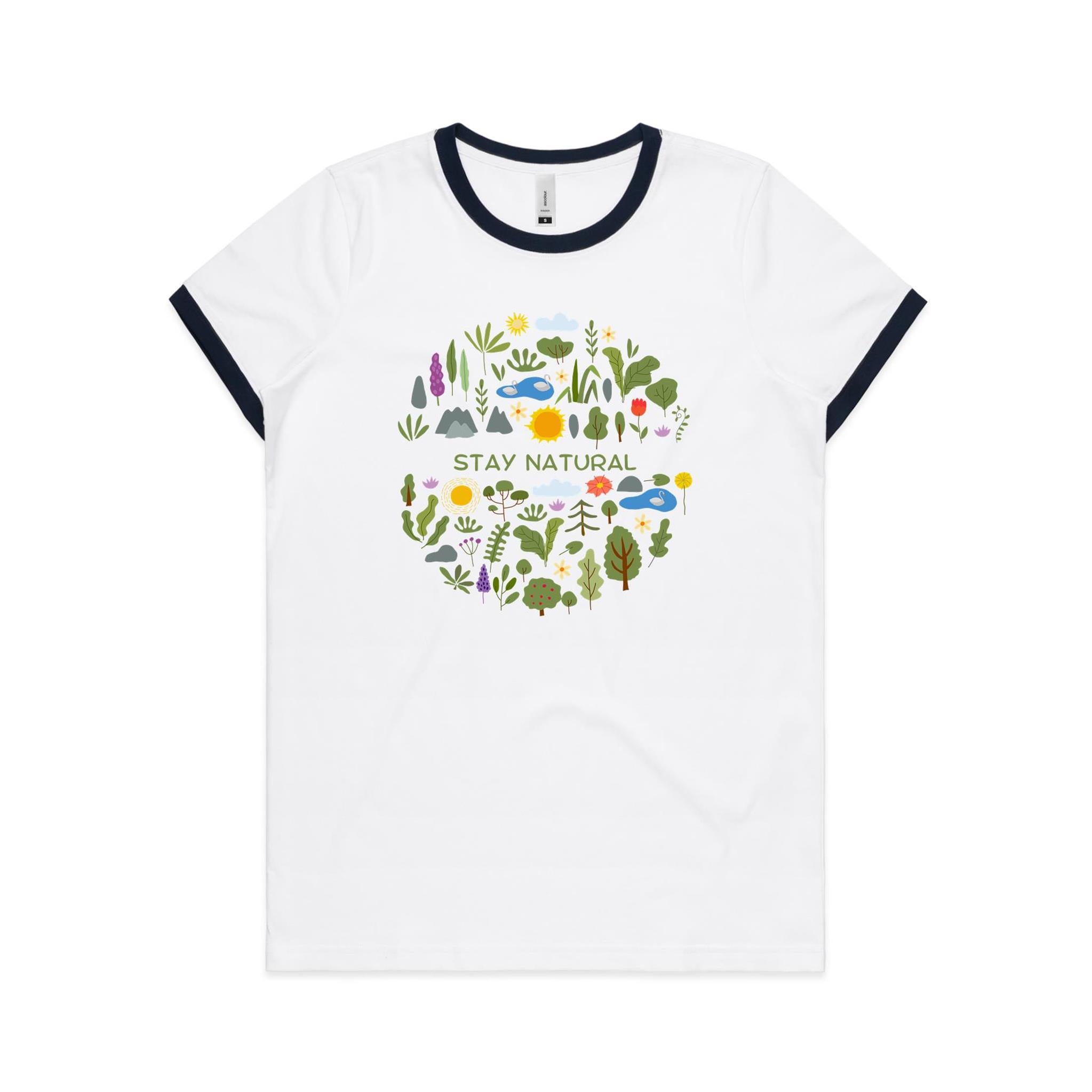 Stay Natural - Women's Ringer Tee White Navy Womens Ringer T-shirt Plants Printed In Australia