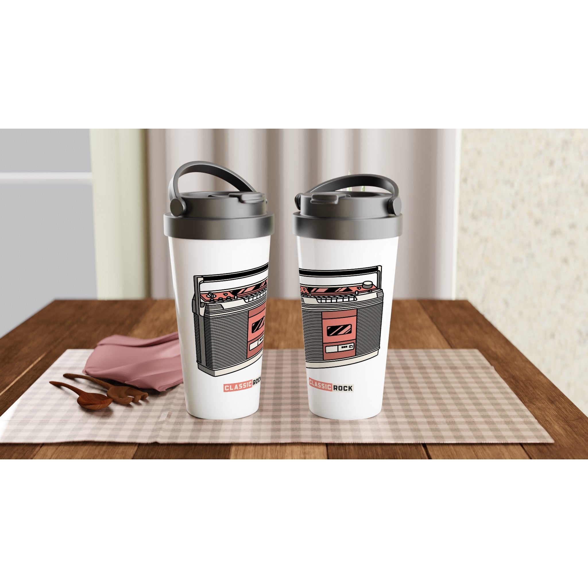 Classic Rock - White 15oz Stainless Steel Travel Mug Travel Mug Globally Fulfilled Music Retro