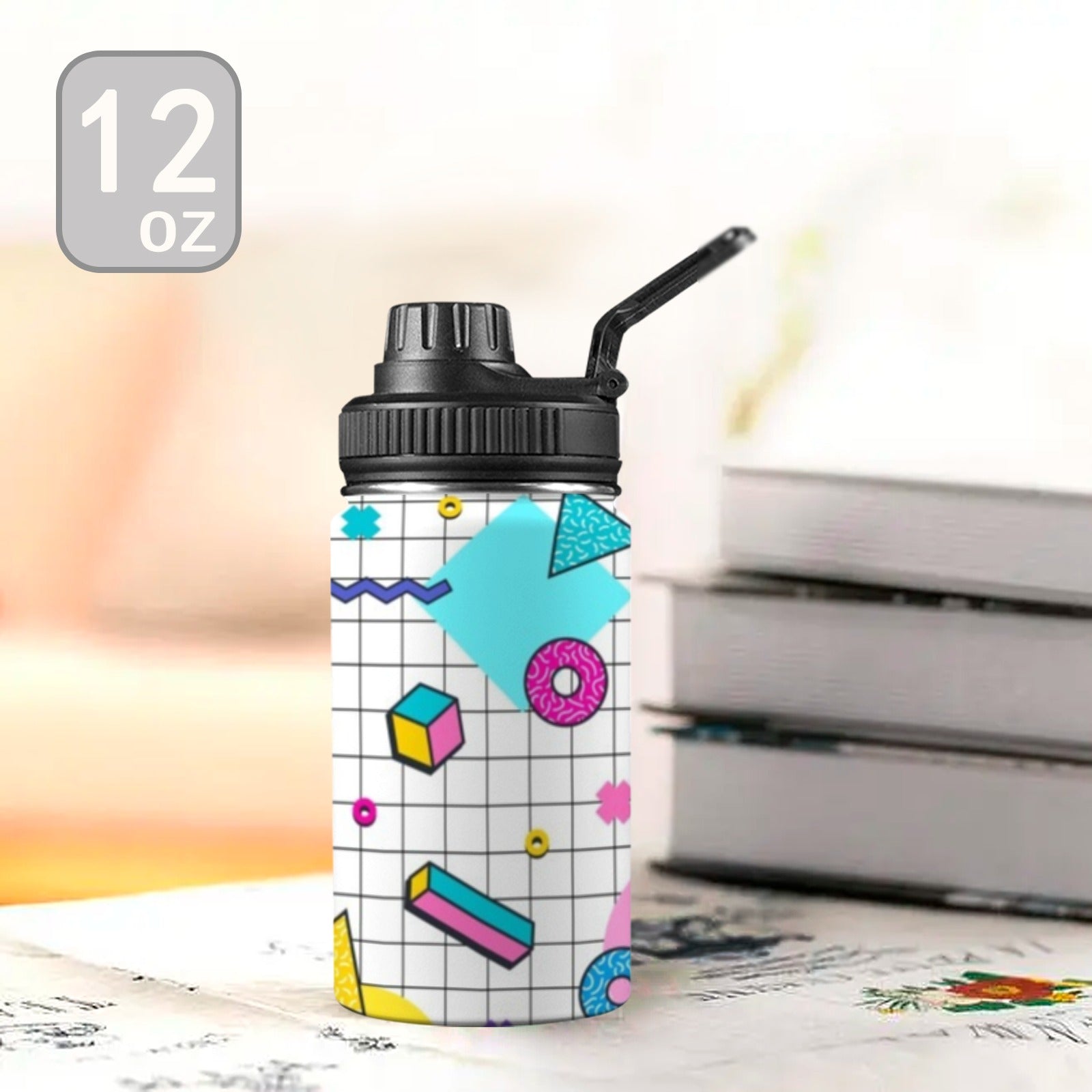 80's Grid - Kids Water Bottle with Chug Lid (12 oz)