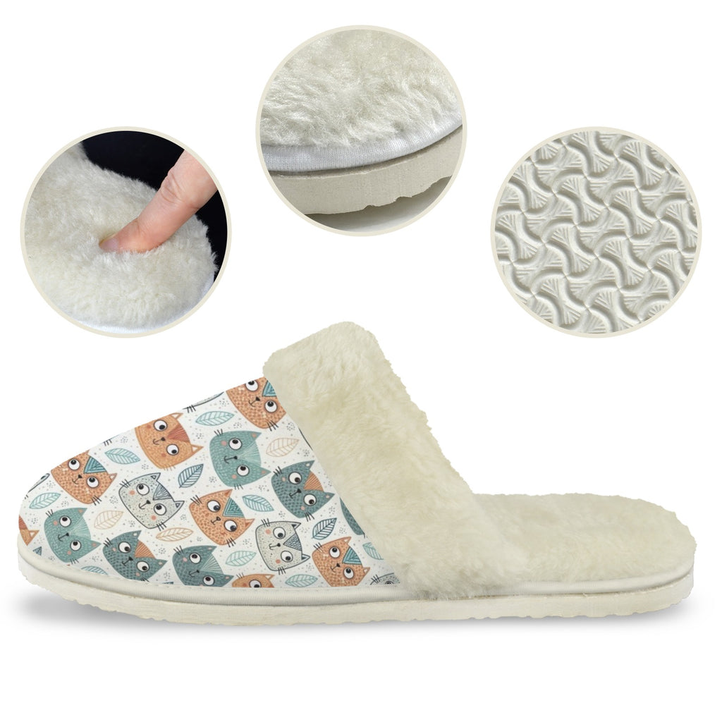 Cute Cat Faces Women's Fur Trim Thick-Sole Indoor Slippers Women's Fur Trimmed Slippers animal Printed Offshore