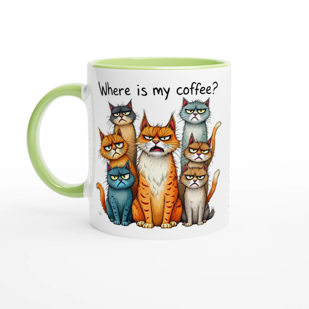 Where Is My Coffee, Cranky Cats - White 11oz Ceramic Mug with Colour Inside Ceramic Green Colour 11oz Mug animal Coffee Globally Fulfilled