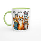 Where Is My Coffee, Cranky Cats - White 11oz Ceramic Mug with Colour Inside Ceramic Green Colour 11oz Mug animal Coffee Globally Fulfilled